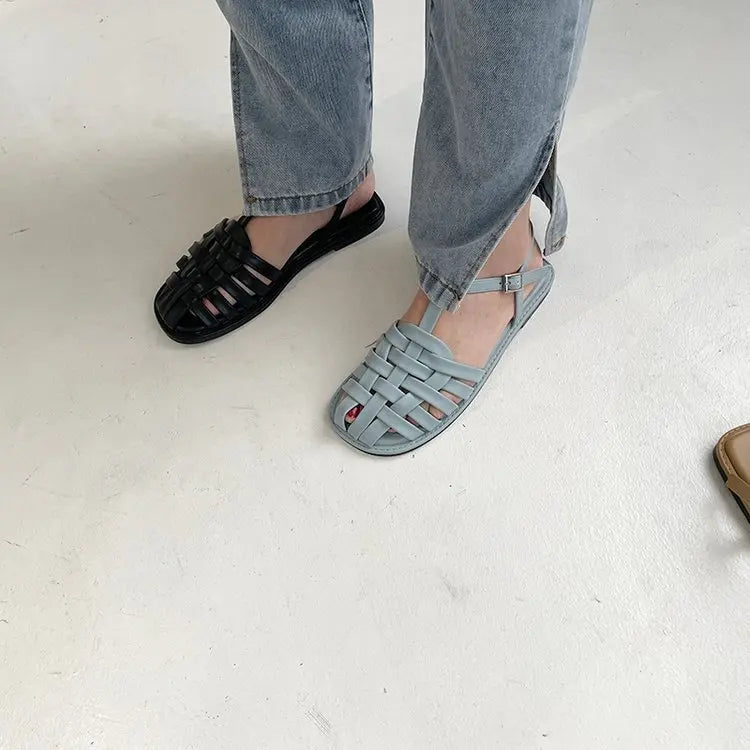 Frauen Flach Römisch Sandalen Sommer Neu Casual Runder Kopf Leicht Rutschfest Gewebt Schuhe Sommer Einfarbig Schnalle Hausschuhe