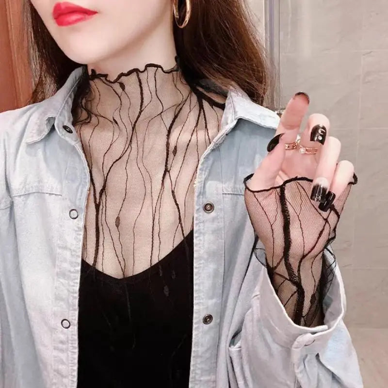 Women's T-shirt Summer Outfits Long Sleeve Pullover See Through Tops Fashion Lady Sexy Tops Mesh Slim Chiffon Tees New Black Top