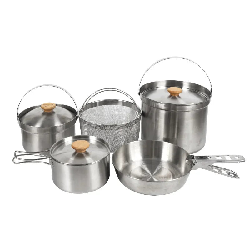 NOBANA Newest Outdoor Stainless Steel Pot Set Camping Family Pot Set 5L Portable Picnic Soup Pot Frying Steaming Household Pot