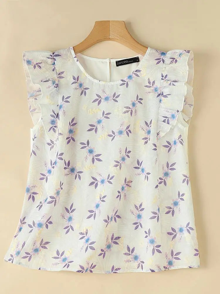 ZANZEA Fashion Spliced Ruffles Floral Blouses Women 2024 Summer Casual O Neck Embroidery Blusas Streetwear Sleeveless Tunic Tops