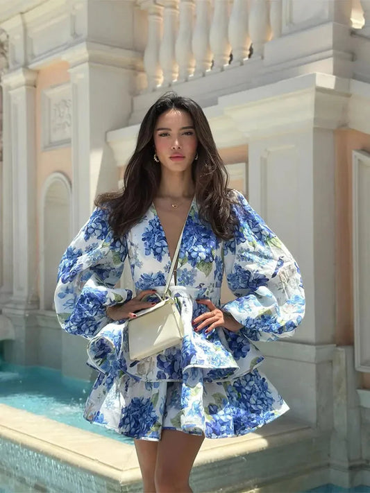 Rochie mini elegantă cu imprimeu floral, decolteu în V, cu volane, de vară, elegantă, cu mâneci lungi și bufante, talie înaltă, rochie de plajă, de vacanță