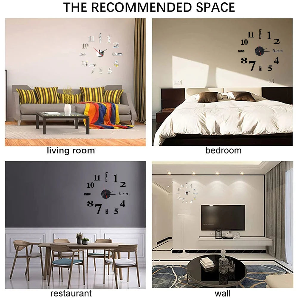 Combination 3D Spiegeluhr - Groß Selbstklebend Rahmenlos