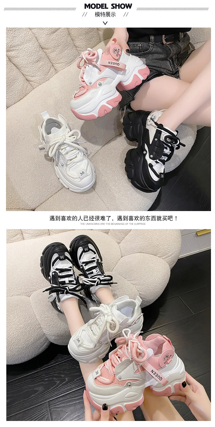 White Chunky Sneakers Women New Autumn Hidden Heel Platform Sports Dad Shoes Woman Lace Up Breathable Mesh Casual Shoes 9.5CM