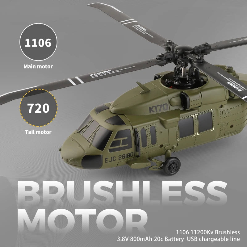 Wltoys K170 RC elicopter UH-60L 4 canale telecomandă elicoptere fără perii cu giroscop și lumină LED durabilă avion jucărie