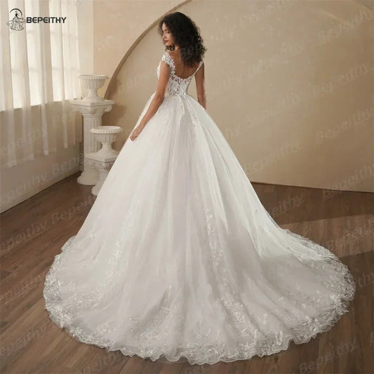BEPEITHY Customized V-Hals Cap-Sleeves Prinzessin Hochzeitskleider Für Frauen 2025 Frühling Spitze Boho Brautkleid - Golden Bridge Store