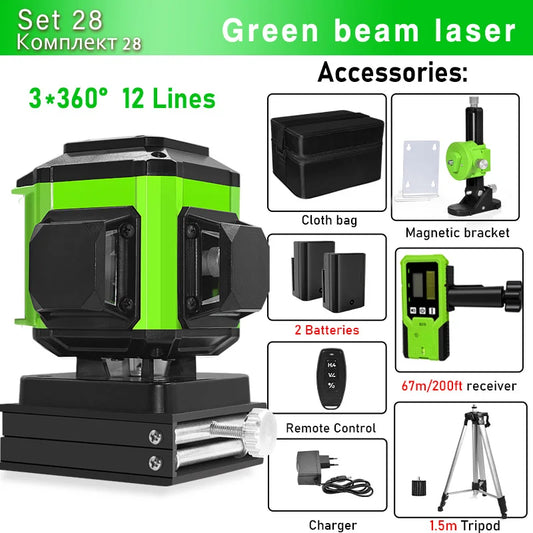 CLUBIONA 16/12 linii cu autonivelare, telecomandă, mod exterior - receptor, nivelă laser cu linie verde 3x360