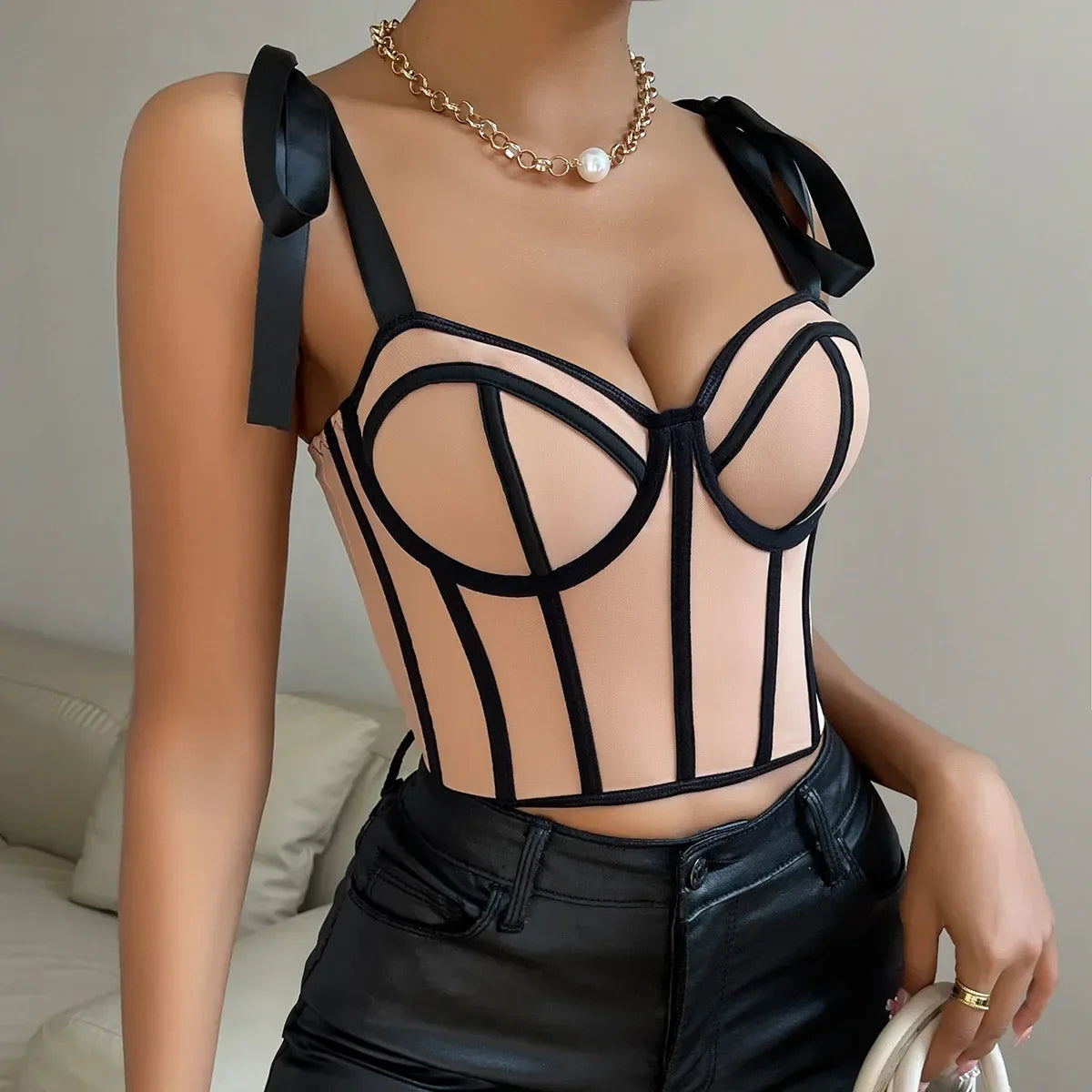 Woman Clothing Top Women T-shirt Tank Top Female Clothes Tops Tanks Camis Crop Top Y2K elegant Ribbon Tie-Up Fishbone Camisole - Golden Bridge Store