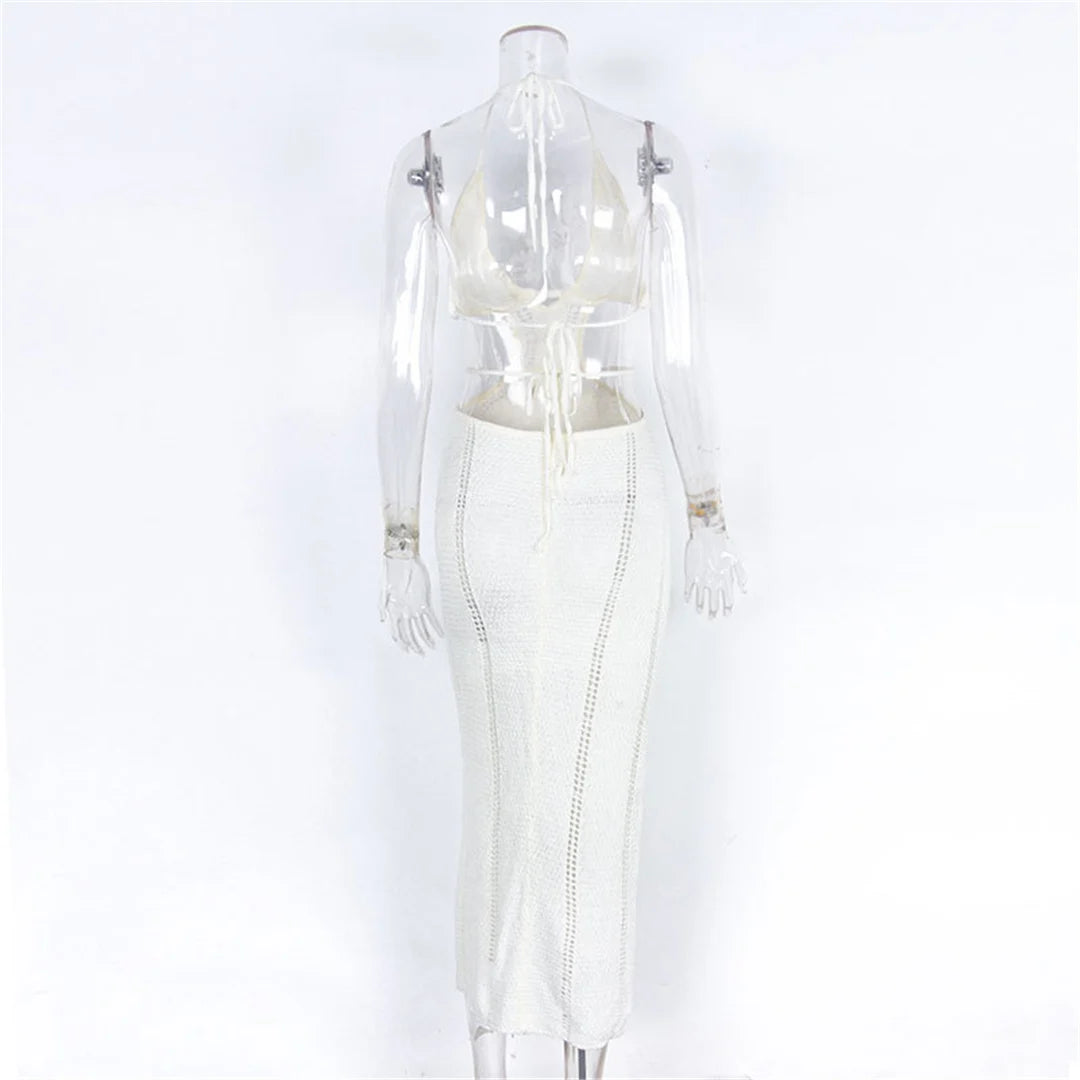 Elegant V-Hals Halter Cut Out Crochet Knitted Long Dress Backless Beach Cover Up Beach Dress Maxi Dress Beachwear Female DV4822