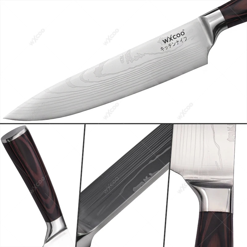 WXCOO Professional Kitchen Chef Knife Damascus Steel Laser Pattern Santoku Knife Double Side Magnetic Kitchen Knife Block