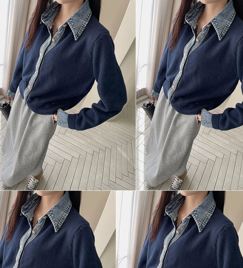 BigLargiCN Strickcardigan Herbst Denim Patchwork Damen Korean Stil - Gewicht 120–220 g/m² Länge Regular Lockere Passform