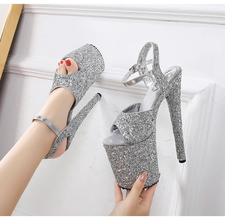 elegant woman shoes with High Heels 20CM Sequined Cloth Platform Modern Sandals Stripper Shoes Red Wedding Women Shoes Pumps