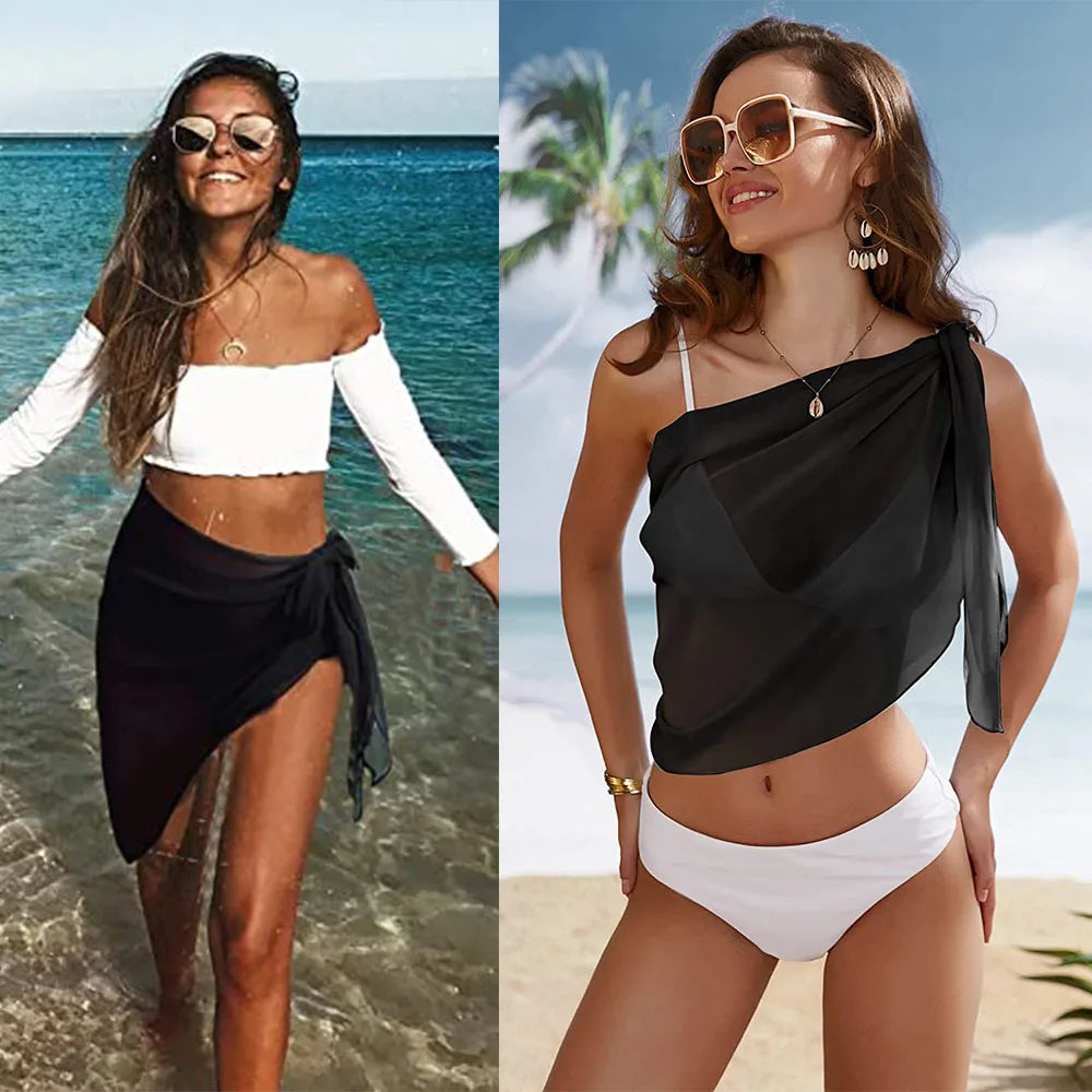 Badeanzug Coverups Für Frauen Rüschen Saum Sarong Strand Bikini Wrap Durchsichtig Kurzer Rock Chiffon Schal Für Schwimmbekleidung