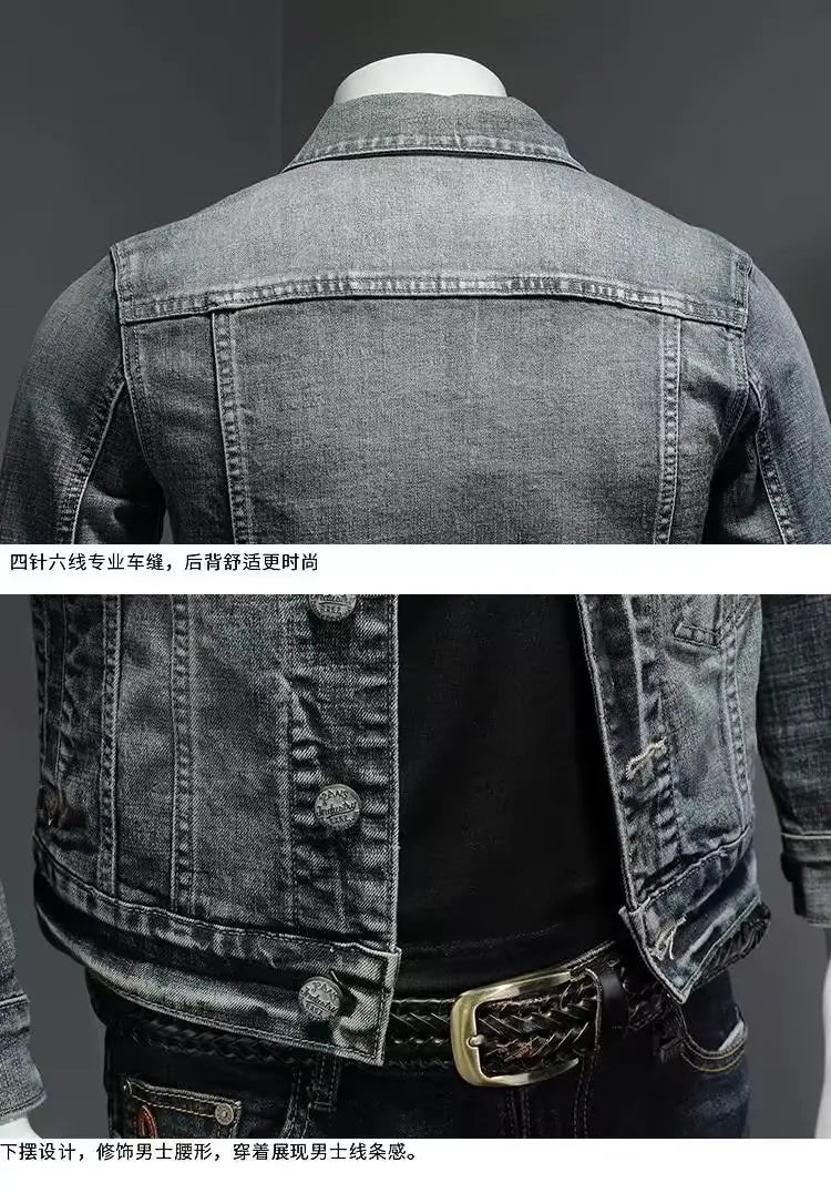Jachetă denim vintage pentru bărbați, stil High Street, vrac, evazabil, motociclist, îmbrăcăminte elegantă, casual, cu rever cu nasturi, îmbrăcăminte pentru bărbați