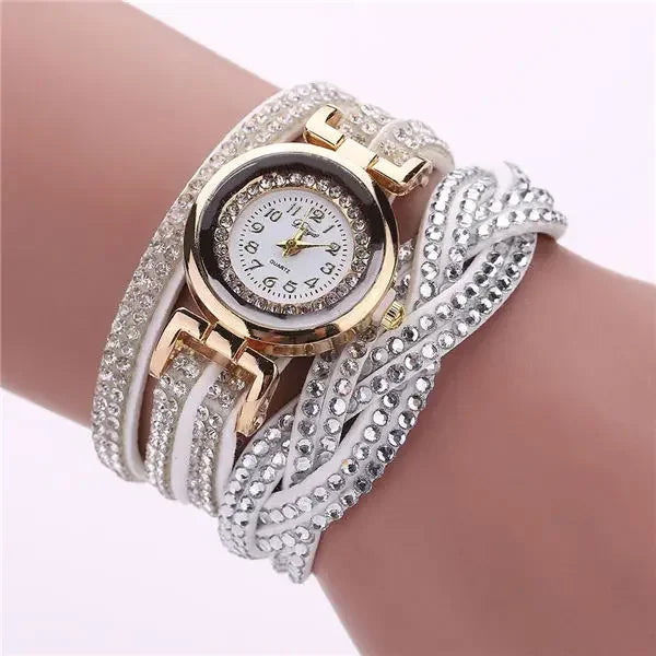 Damen-Uhr 2025: MOONBIFFY Fashion Casual Gold Quartz Women Rhinestone Watch - Braided Leather Bracelet Watch Gift Ladies Wristwatch Relogio Feminino Gift Collection