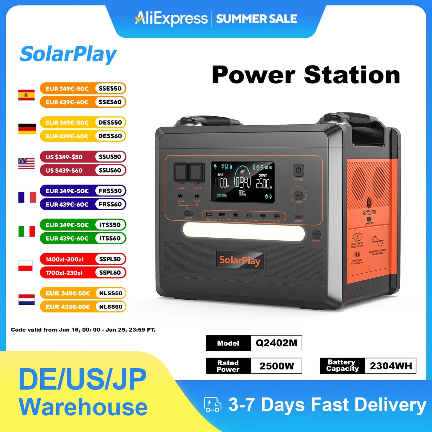 Powerstation 2025: SOLARPLAY 2500W Electric Power Station Q2402M - Energy Storage 2304WH Home Lifepo4 Battery UPS Mode Camping Accessories Outdoor Collection