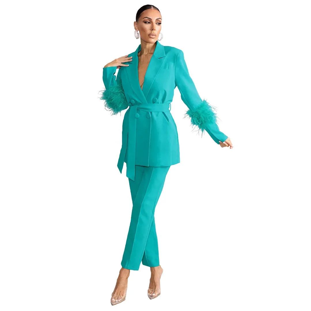 Femei elegante 2 piese set solid cristat guler blazer fermoar pantaloni lungi pene palton costum doamnelor toamna iarna birou ținute