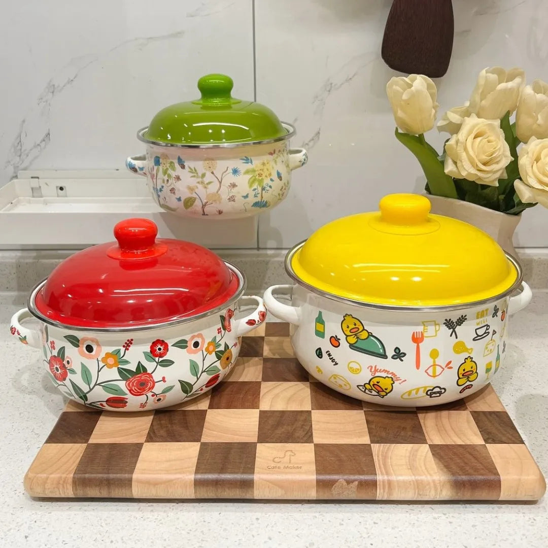 Kitchen Cookware Utensils Set 16/18/20CM Red Yellow and Green Enamelled Pots and Pans, 3-piece Set, Induction Cooktop, Open Fire
