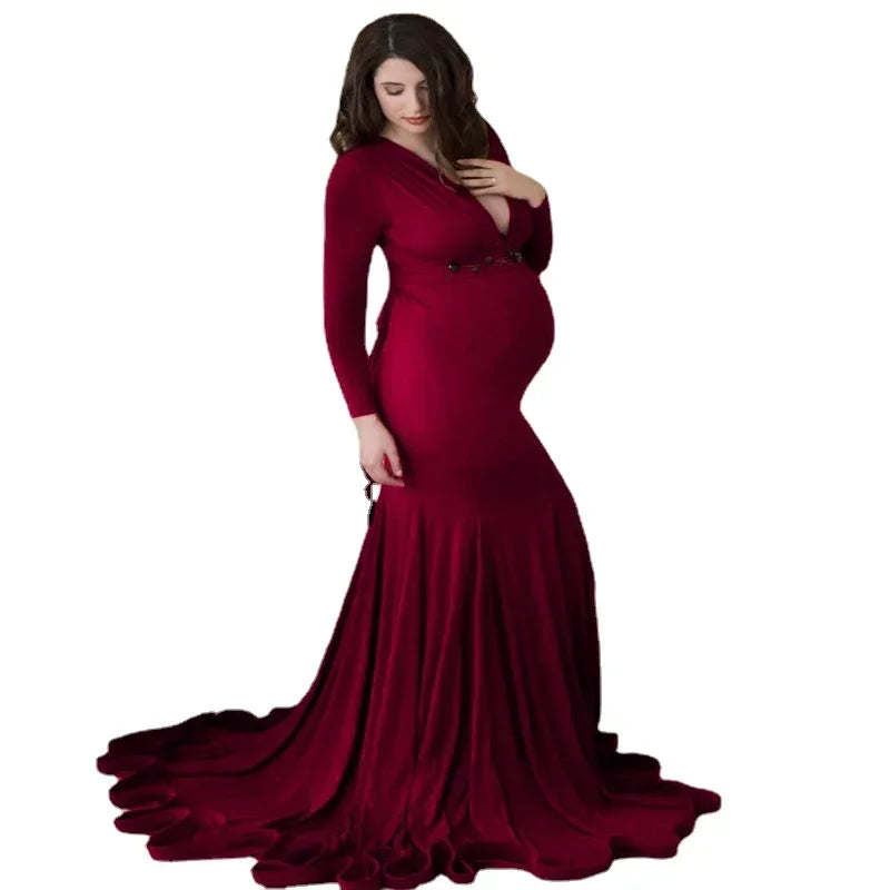 Rochie de maternitate pentru femei, primăvară-toamnă, elegantă, subțire, cu decolteu în V, mânecă lungă, tip sirenă, Maxi, pentru fotografie, ședință foto pentru bebeluși