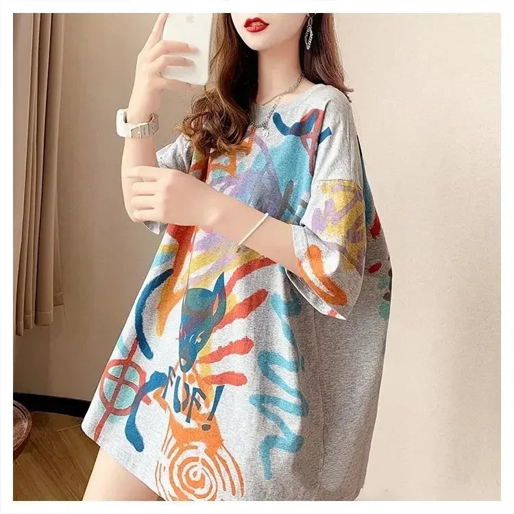 Sommer-T-Shirt 2025: Short-sleeved T-shirt Women's Pure Cotton Summer - New Loose Slim Round Neck Versatile Outside Printed Design Top Trendy Collection