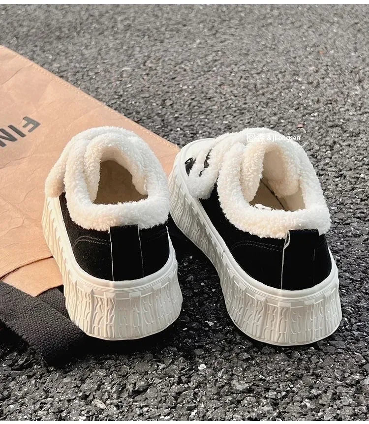 Winter Women Breathable Warm Sneakers White Wool Shoes Thick Heel Plaid Sneakers Casual Running Platform Lolita Shell Shoes - Golden Bridge Store