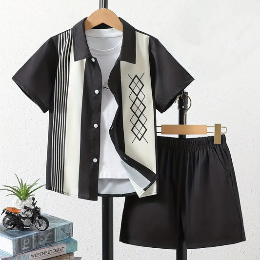 Jungen-Hawaiian-Set 2025: 3D-Plaid-Hemd & Strand-Shorts Resort - Tropisches Outfit 4-16 Jahre UV-Schutz 40+