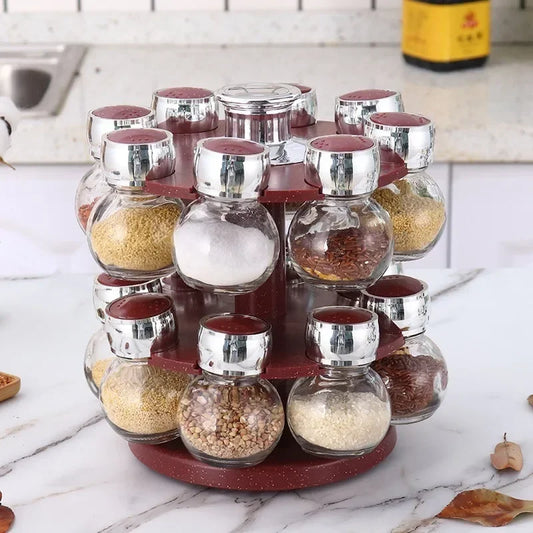 Rotating16Pcs Condiment Set Spice Jar StorageBox HomeKitchen Cruet Condiment Bottle Coffee Sugar Seal Jar Container Rack