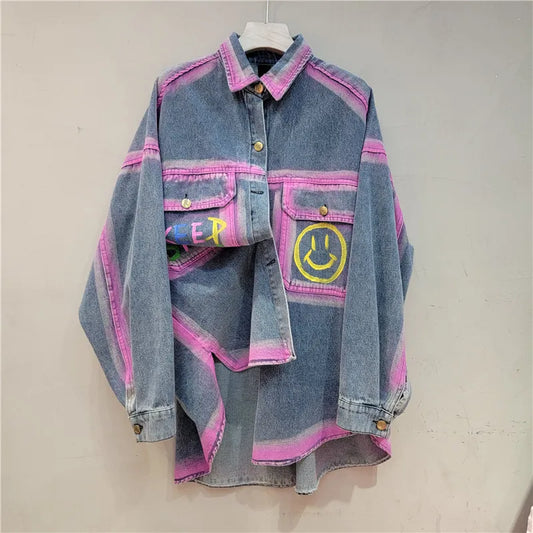 Blue Print Denim Shirt Jacket Women Loose Casual Fashion Tops European Station 2024 Autumn New Streetwear All-Matching Blouse