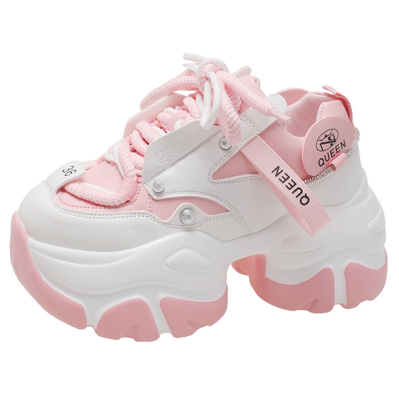 White Chunky Sneakers Women New Autumn Hidden Heel Platform Sports Dad Shoes Woman Lace Up Breathable Mesh Casual Shoes 9.5CM