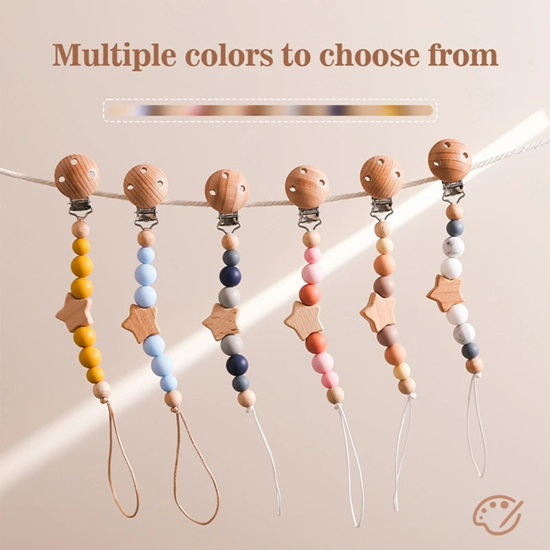 Baby Pacifier Chain Star Customizable Beads Wooden Pacifier Clips BPA Free Handmade Holder Chain Infant Nursing Teether Chain