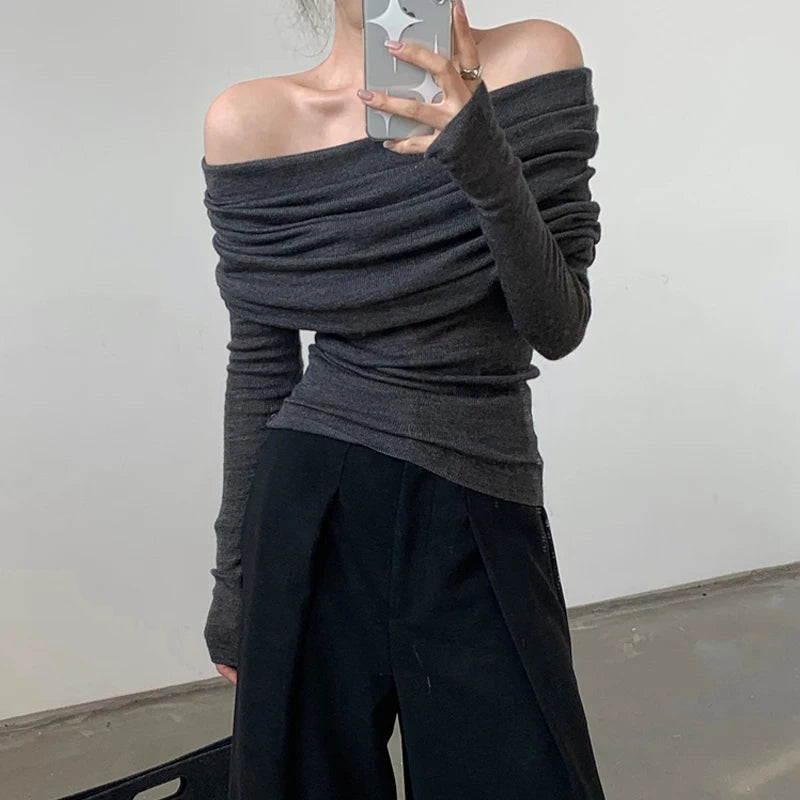 Elegant Fashion Off Shoulder Women Blouse New Pile Collar Knitted Shirt Ladies Office Casual Undershirt Gray Tops Mujer Blusas