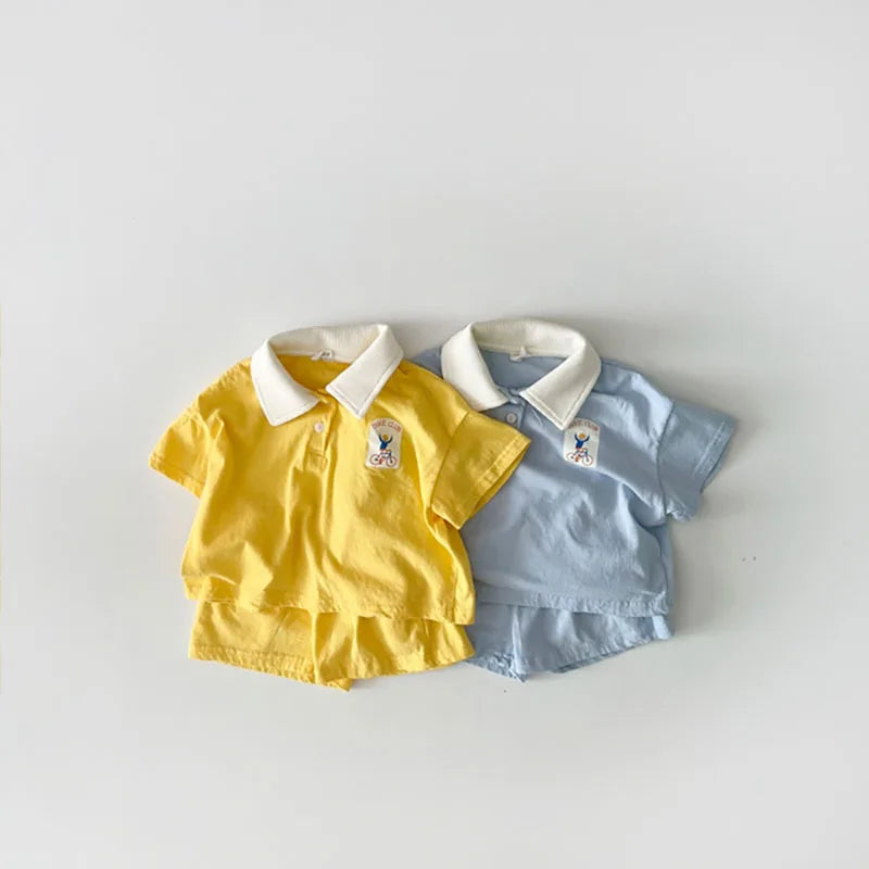 Boy Summer Fashion Polo Sports Set Kid Simple Turn-down Collar T-shirt With Solid Loose Thin Cotton Shorts 2pc Suit