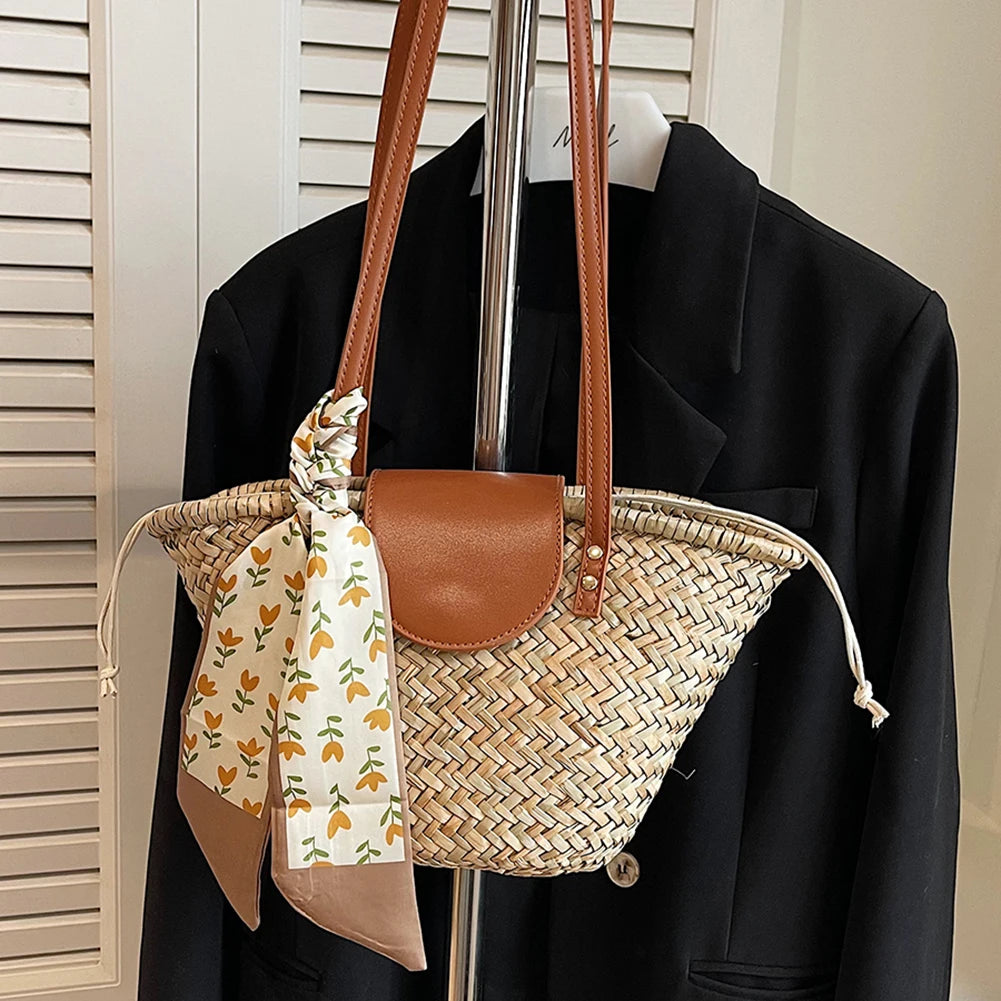 Geantă de plajă de vară pentru femei, țesătură de paie, mare capacitate, cu panglică, elegantă, pentru petrecere, vacanță