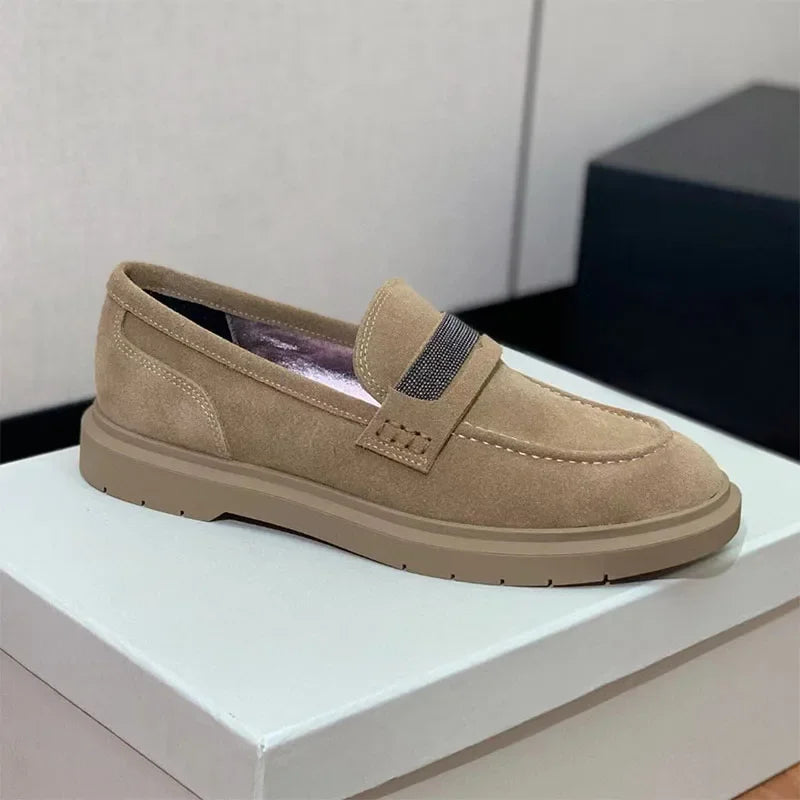 Luxus Damen Flache Schuhe 2025 - Wildleder Kette Perlen Runde Zehen - Slip-On Loafer Komfort Walking Schuhe