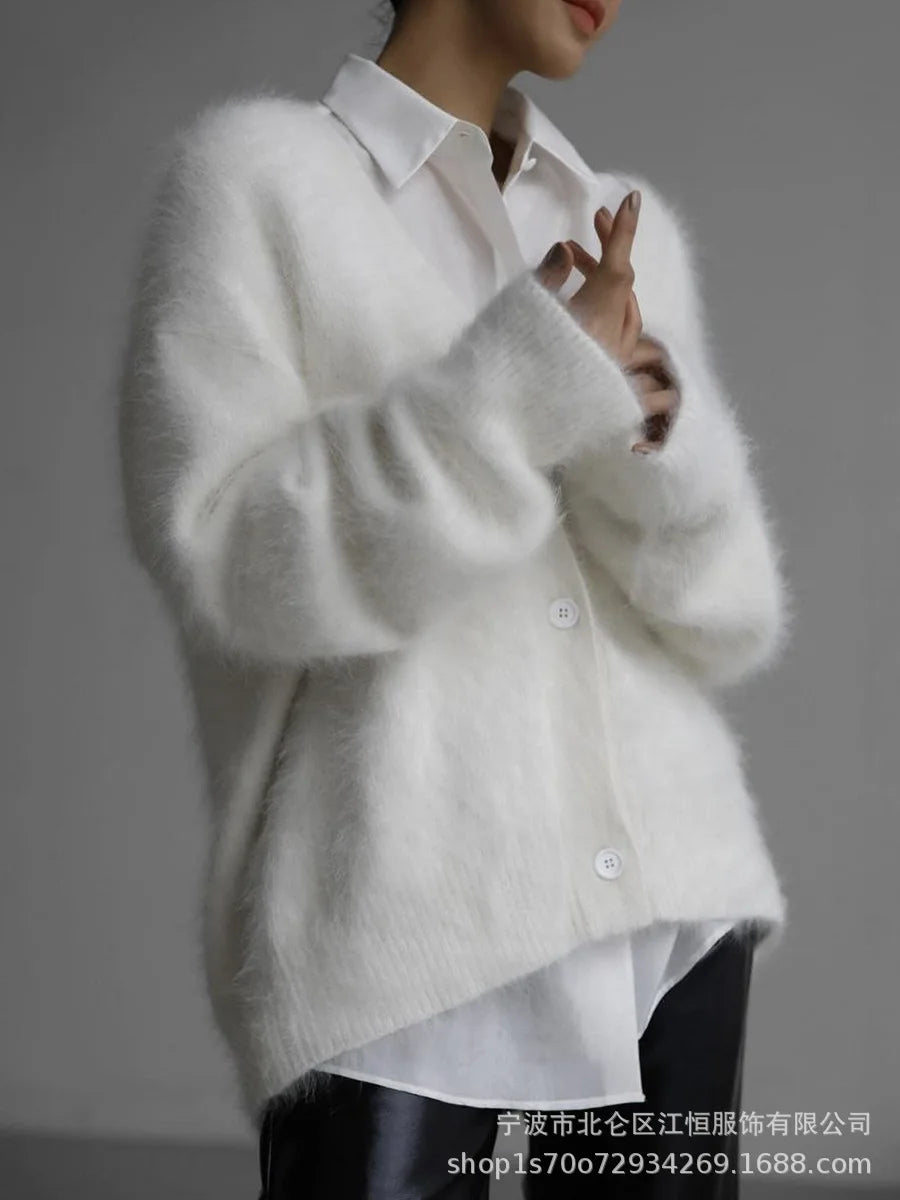 Frauen Kaschmir Strickjacke V-Ausschnitt - Gr. S-XL, lang