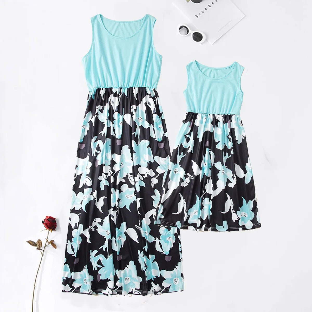 New 2022 Mother Daughter Summer Dresses Sleeveless Flower Patchwork Sundress Mom Mommy and Me Dress Family Matching Outfits