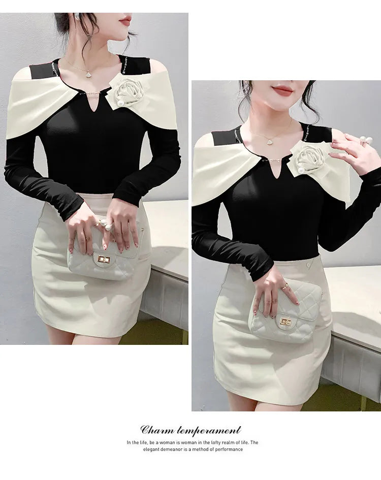 Women T-shirt Fashion T Shirt Cotton Slim Tee For Ladies Autumn Clothing New Long Sleeve Beading V-Neck Tops