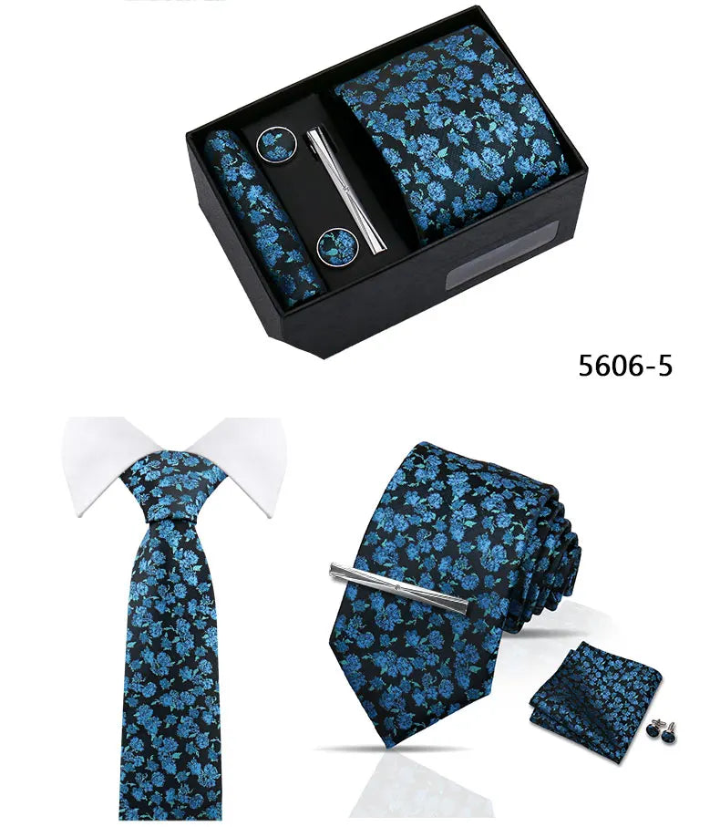 Elegant Men's Suit Necktie Gift Box Set Floral Tie Handchief Cufflinks Tie Clip 4-Piece Business Wedding Party Suit Accessories