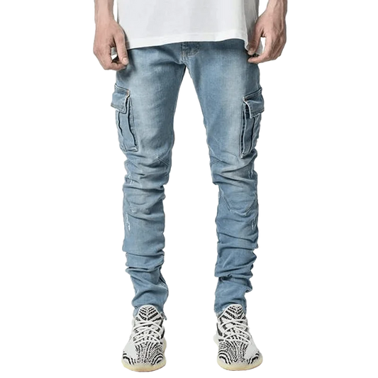 Jeans Men Black Cargo Pants Multi Pockets Denim Pantalones Blue Slim Fit  Overol Hombre Fashion Casual Streetwear Trousers 3XL