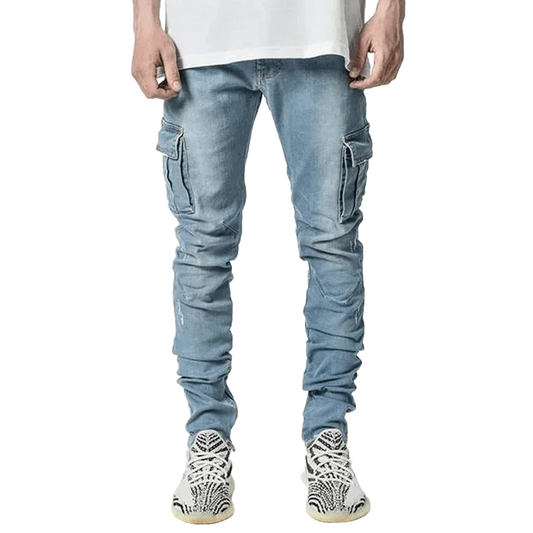 Jeans Men Black Cargo Pants Multi Pockets Denim Pantalones Blue Slim Fit Overol Hombre Fashion Casual Streetwear Trousers 3XL - Golden Bridge Store