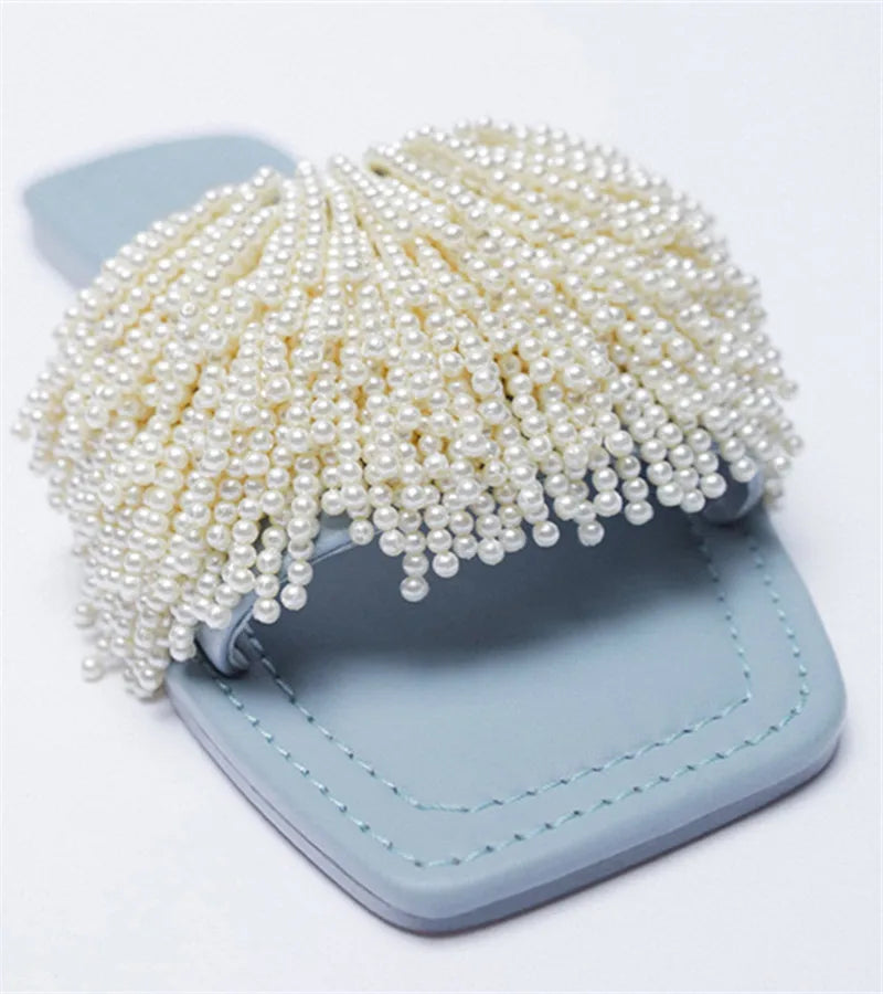 Pearl Beads Women Slippers Blue Flat Shoes Female Summer Outside Slides Ladies Casual Beach Slipper Handmade Gladiator Sandals