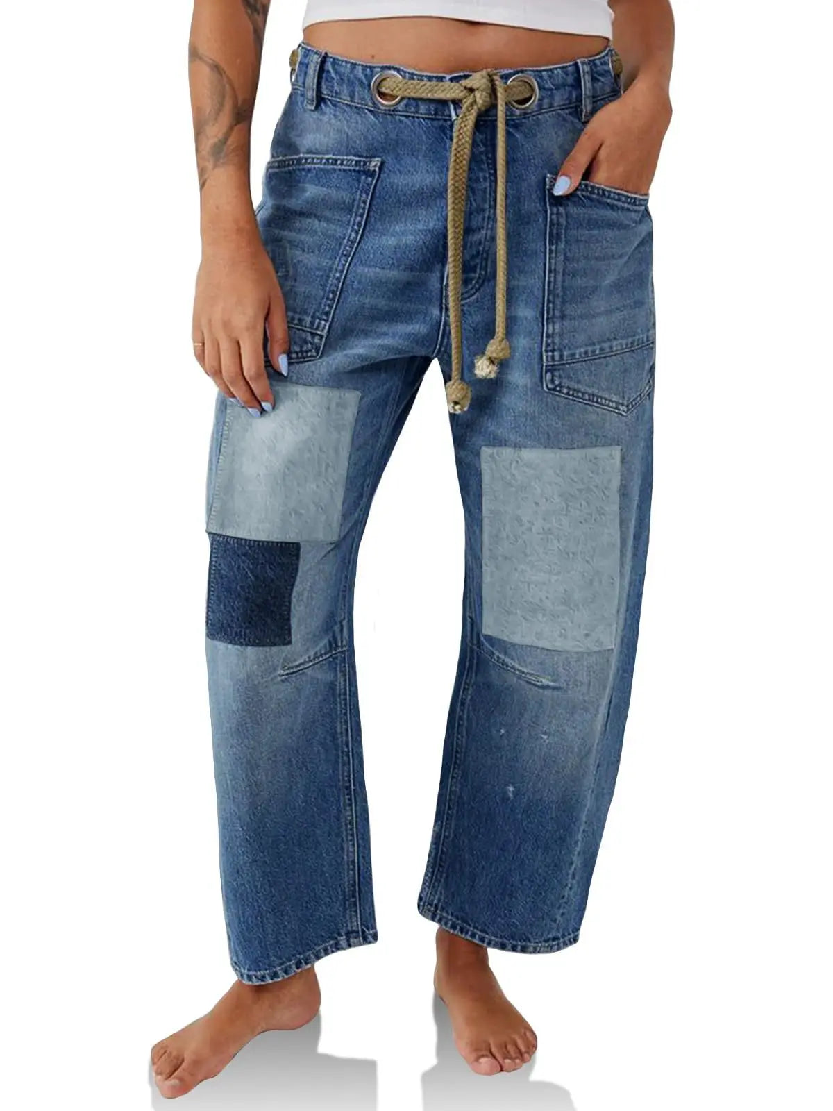 Jeans Women Denim Pants Straight Trousers Drawstring Long Pant Casual Loose Y2k Streetwear Button Pocket Splice Mom Jeans 2025