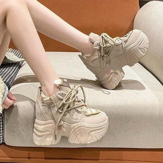 Women Walking Sneakers Autumn Lace-up High Platform Chunky Shoes Breathable Leather Shoes 10.5CM Winter Wedge Heels Casual Shoes - Golden Bridge Store