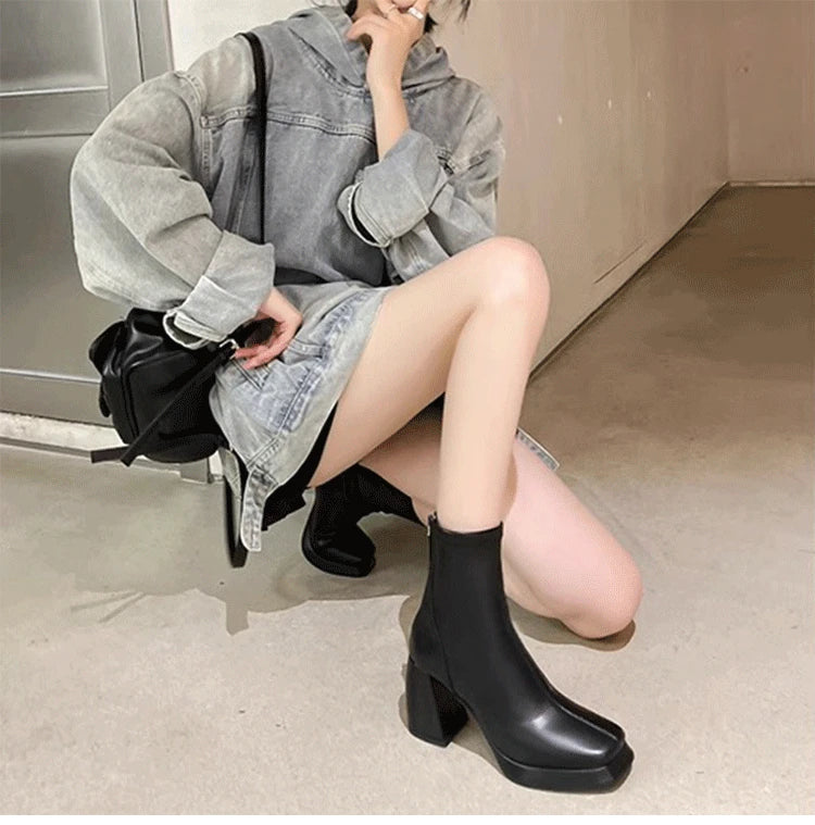 Ohmmayby Vintage Square Toe Damen Stiefeletten Mit Reißverschluss Hinten - Größe EU 37-41, Absatzhöhe 5-8 cm, Knöchelhöhe