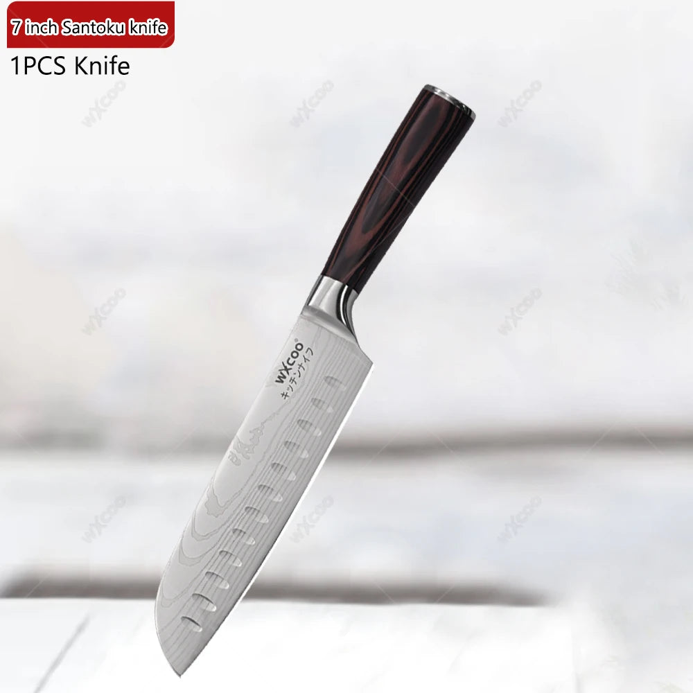 WXCOO Professional Kitchen Chef Knife Damascus Steel Laser Pattern Santoku Knife Double Side Magnetic Kitchen Knife Block