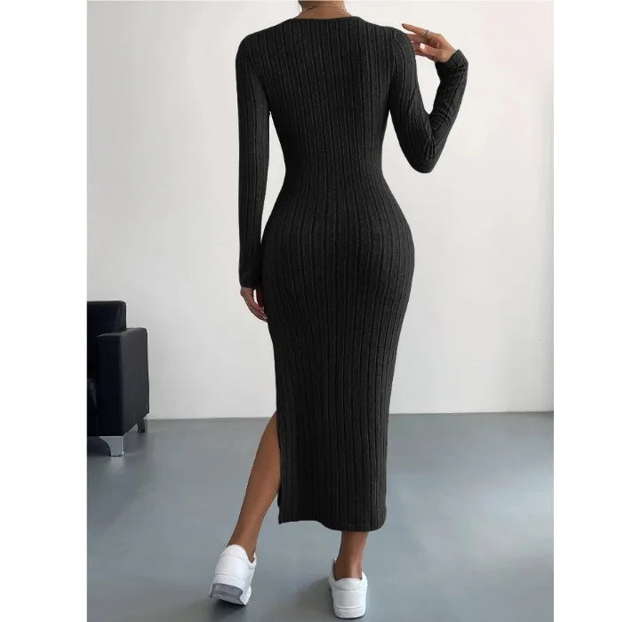 Damen Kleid 2025 - Casual Elegant Women Dresses Autumn Winter Long Sleeve Round Neck Split