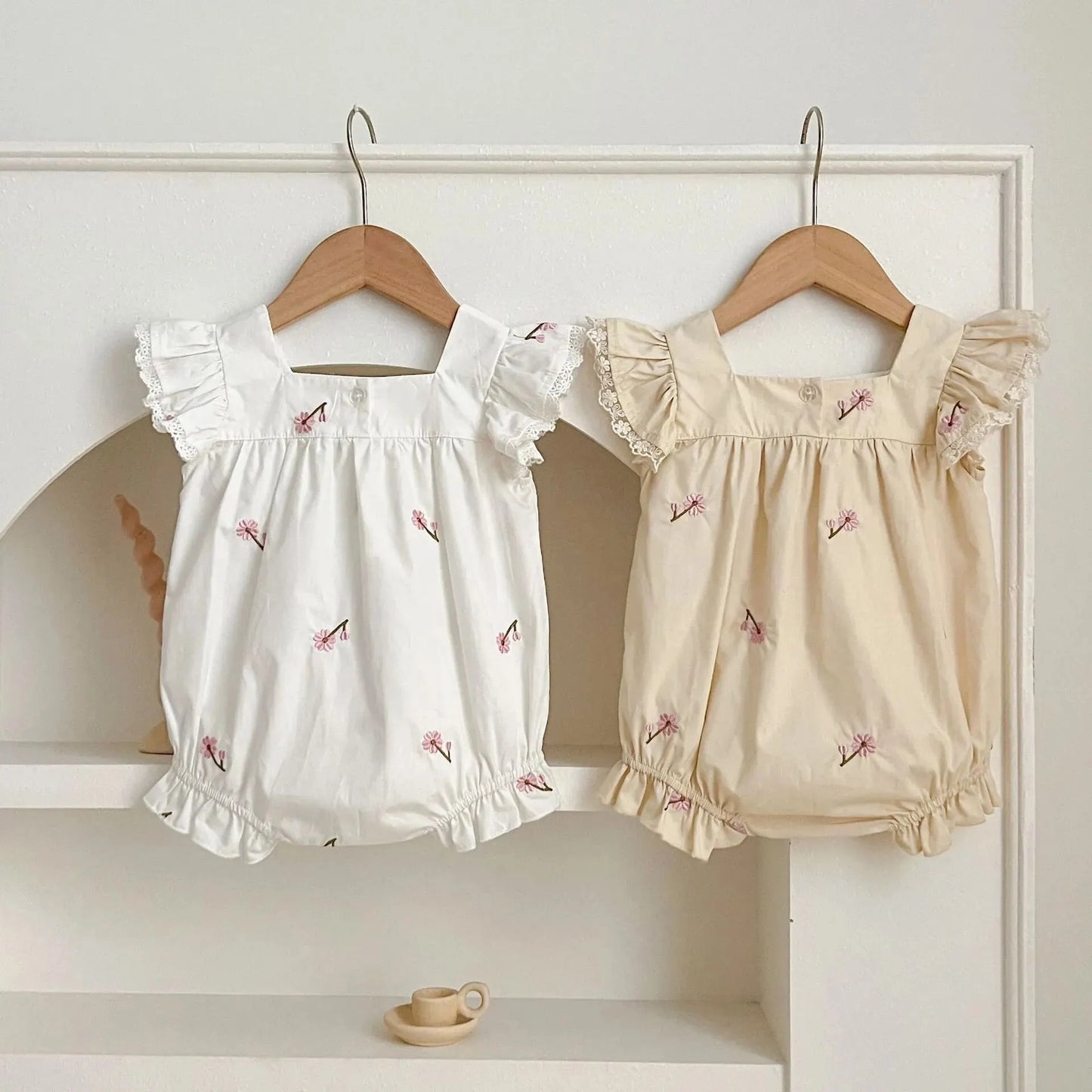 New Summer Collection: Newborn Girls' Lace Flutter Sleeve Embroidered Floral Cotton Jumpsuits, Adorable Infant Bodysuits