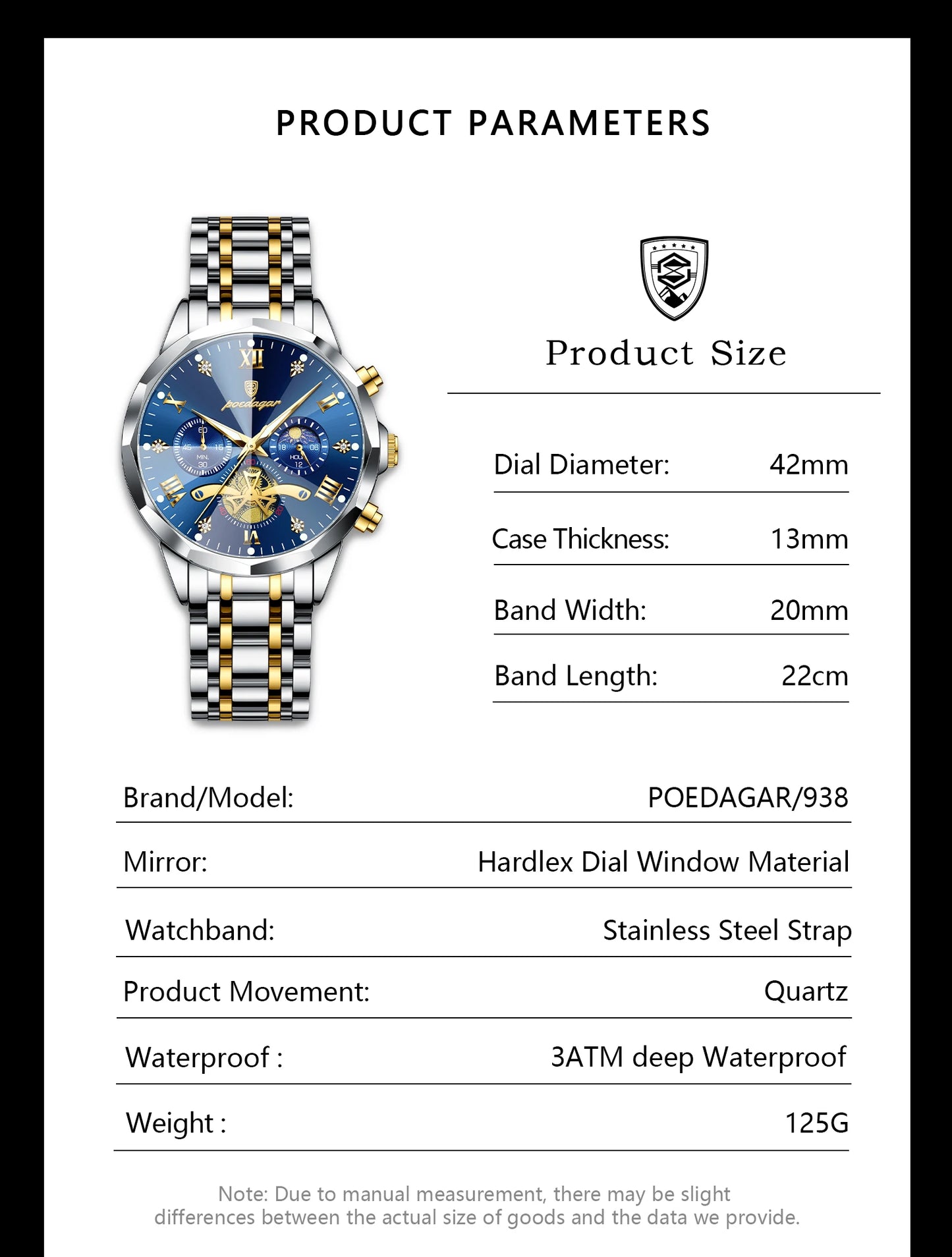 POEDAGAR Luxus Chronograph - Kapazität Batterie QUARTZ 13mm