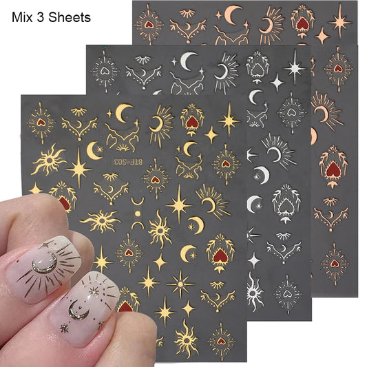 Mix 3 Sheets 3D Stickers for Nails Gold Sliver Rose Gold Laser Butterfly Moon Sun Adhesive Sliders DIY Nail Art Accessories