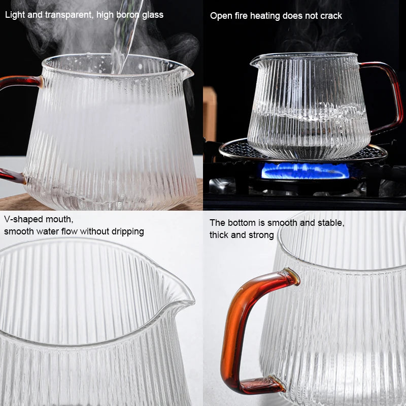Vertical Striped Coffee Pot Glass Coffee Kettle V-shaped Spout Coffee Teapot Practical Coffeeware About 350ml/500ml Reusable