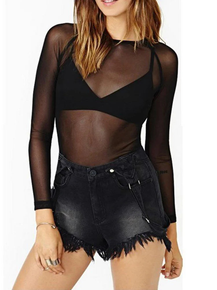 Langarm-Top 2025: Dozw Spring Summer Womens Long Sleeve Sexy Black Mesh Top - Blouses Transparent Punk Club Shirt Tees Beach Tops Collection